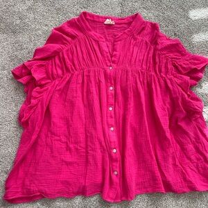 Women's Bibi Pink Ruffle Button-Up Top- Size XL